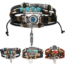 Load image into Gallery viewer, FAMSHIN BOHO Tibet Stone Feather Multilayer Leather Bracelet Eye Fish Charms Beads Bracelets for Men Vintage Punk Wrap Wristband