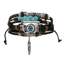 Load image into Gallery viewer, FAMSHIN BOHO Tibet Stone Feather Multilayer Leather Bracelet Eye Fish Charms Beads Bracelets for Men Vintage Punk Wrap Wristband