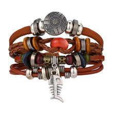 Load image into Gallery viewer, FAMSHIN BOHO Tibet Stone Feather Multilayer Leather Bracelet Eye Fish Charms Beads Bracelets for Men Vintage Punk Wrap Wristband